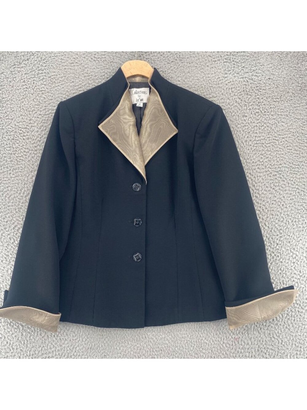 Le Suit Blazer Womens 10 Black Gold Chiffon Lining Button Up Jacket Long Sleeves